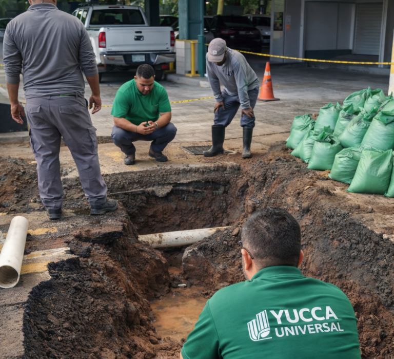 Uso de yucca schidigera en el tratamiento de sistemas de aguas servidas en edificios residenciales 1 | Yucca Universal tecnicos de yucca universal atendiendo caso de tuberias en edificio residencial e1769285557907 | Yucca Universal