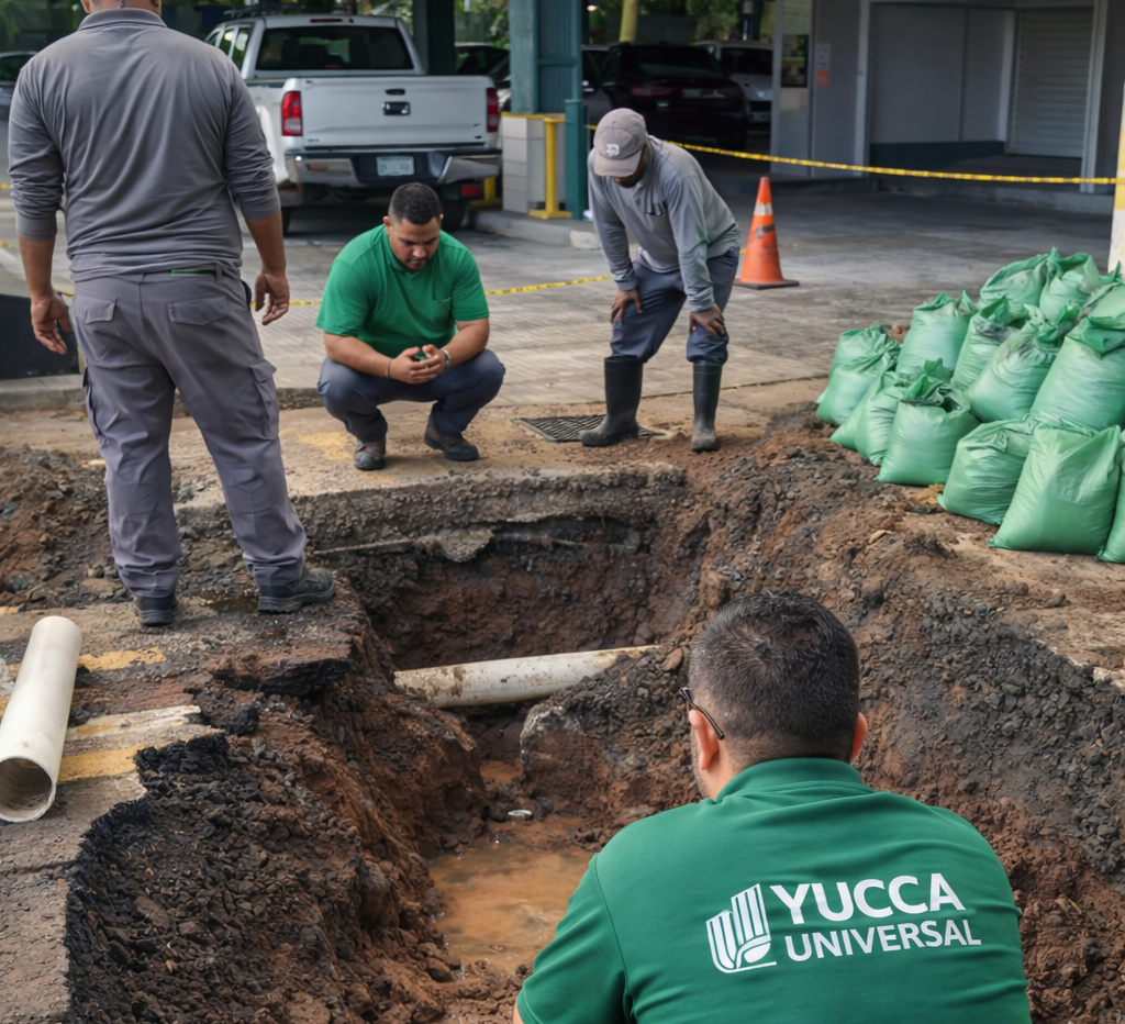 Uso de yucca schidigera en el tratamiento de sistemas de aguas servidas en edificios residenciales 1 | Yucca Universal tecnicos de yucca universal atendiendo caso de tuberias en edificio residencial e1769285557907 | Yucca Universal